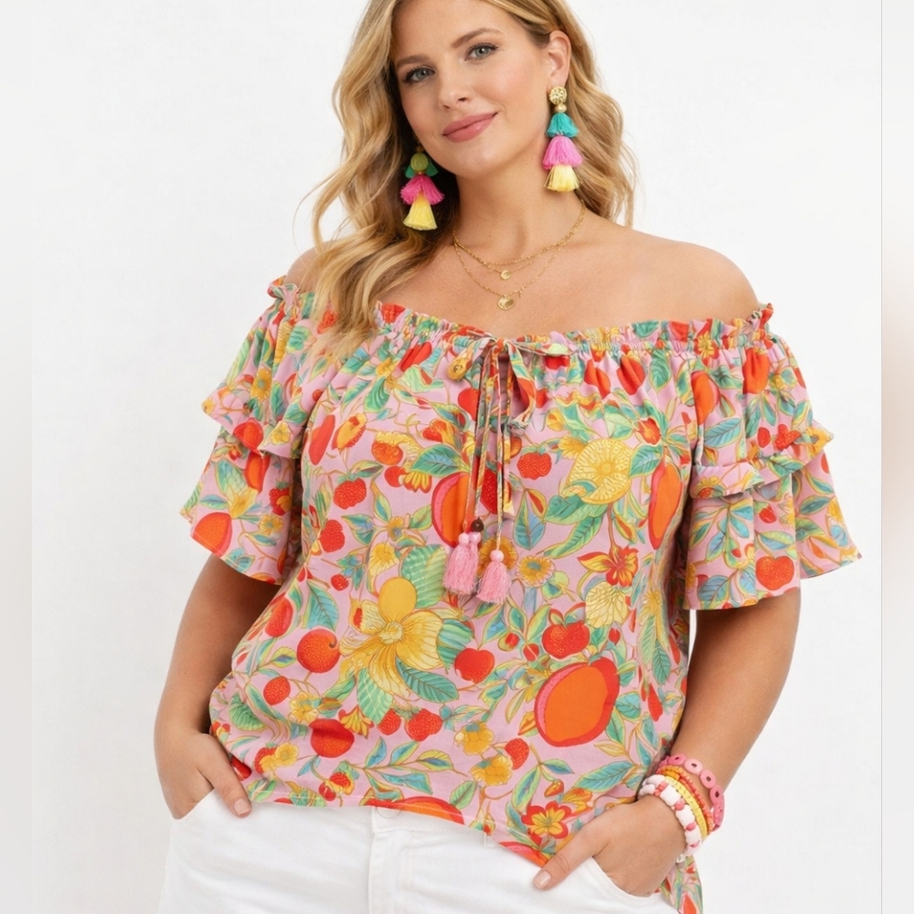 Rose & Olive Pink Tropical Fruit On Or Off-Shoulder Blouse 2X NWT